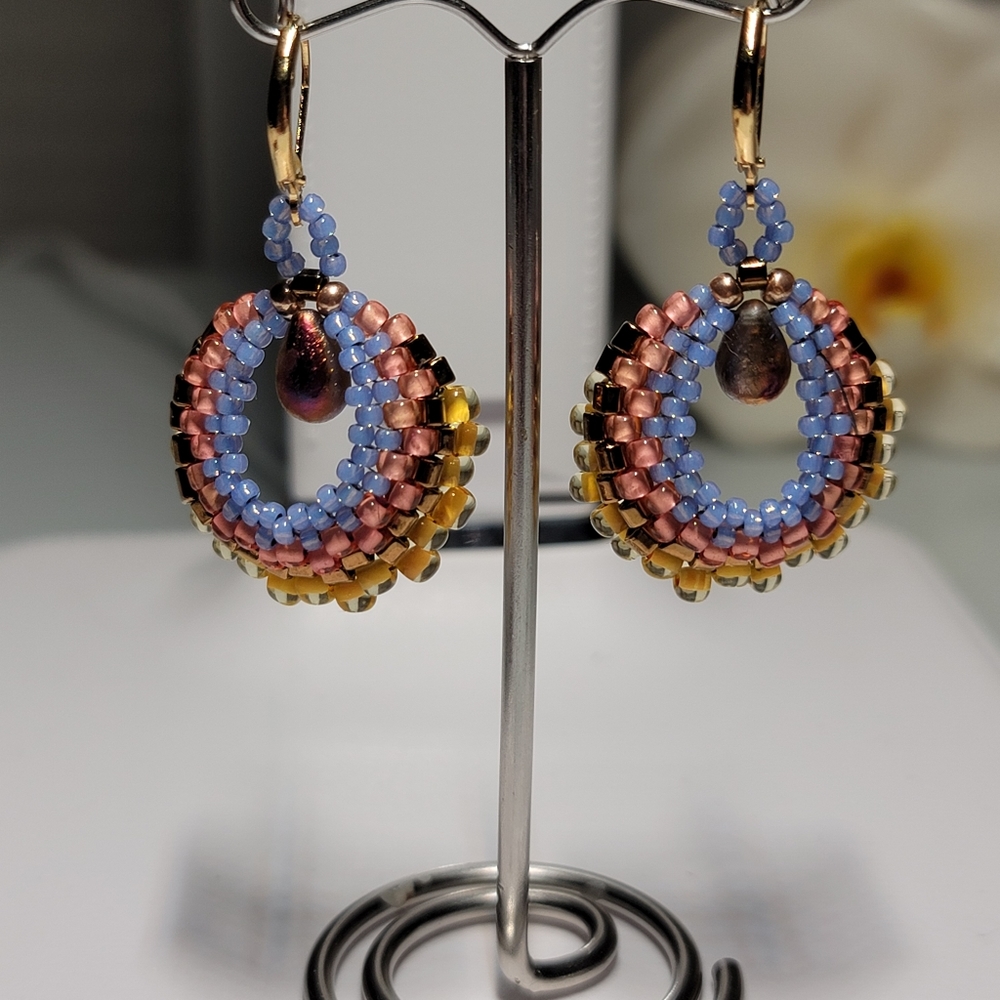 Hand Made Glass Fired Czech Teardrop Beaded Springtime Petal Earrings